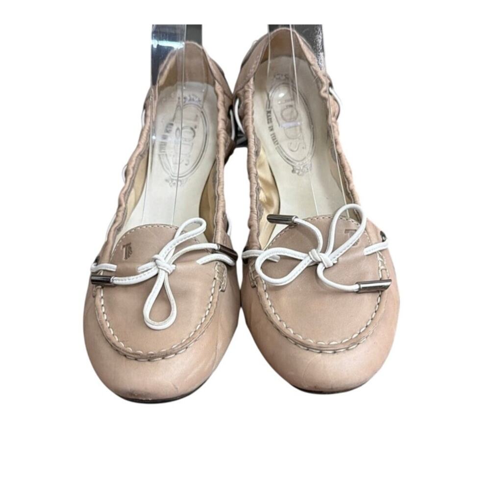 TODS Beige Leather Bow Accent Ballet Flats Moccasins Loafers Shoes Sz 38 US 8